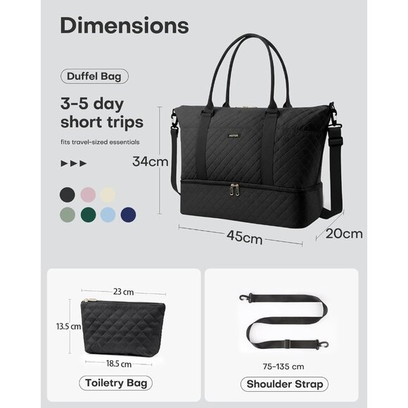 Hotor Women Black Large Overnight with Shoe Compartment  Travel Duffel Bag - Picture 7 of 8